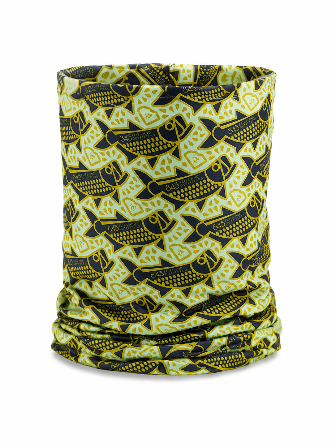 Lime green UPF 40 sun gaitor with navy fish print