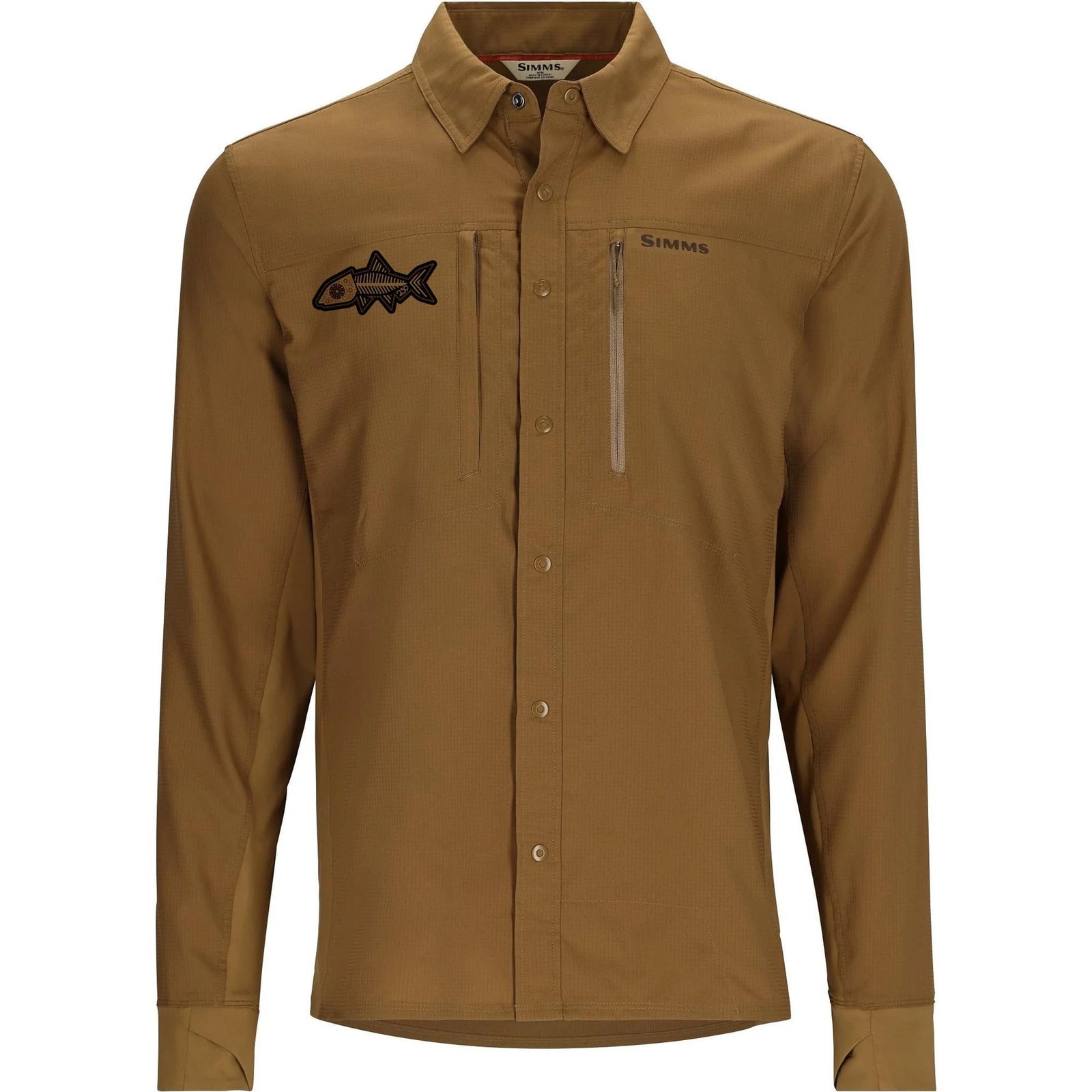 Men's Simms Intruder BiComp fishing shirt in Driftwood with snap-front closure and chest pocket