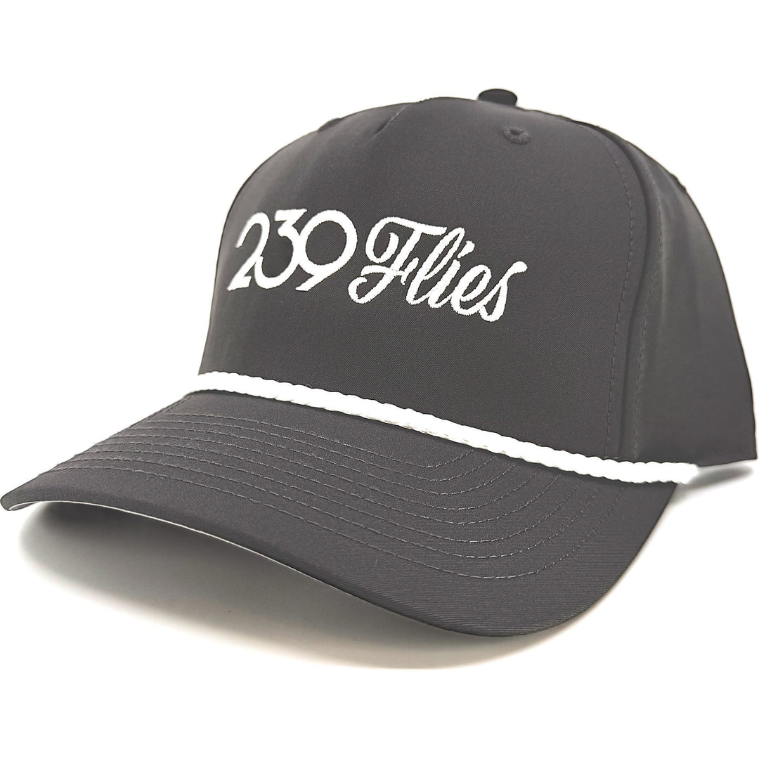 Dark grey 239 Flies trucker hat with white rope trim and embroidered logo