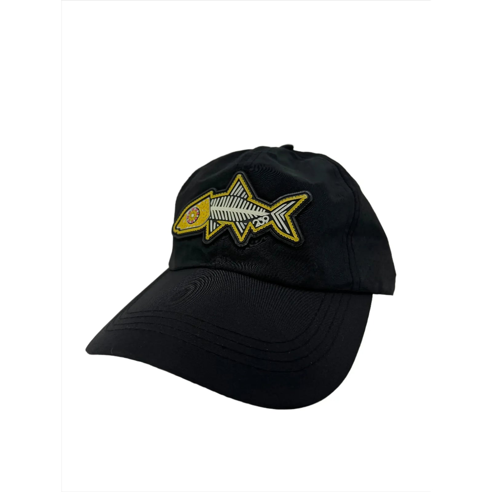 Black unstructured bonefish hat with embroidered fish skeleton patch