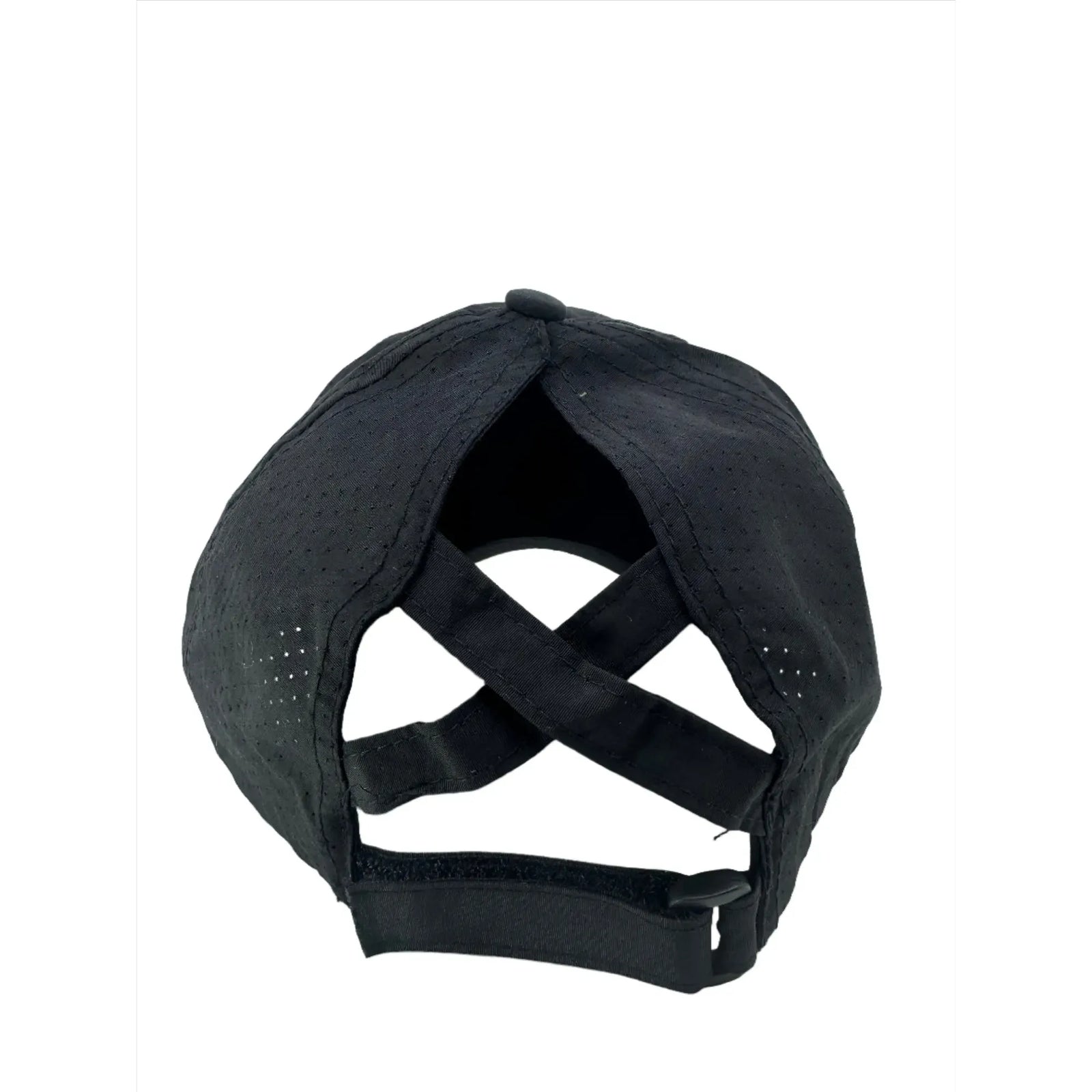 Ladies black ponytail hole hat with adjustable velcro back strap