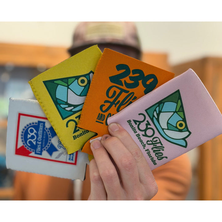 Set of four 239 Flies neoprene koozies in white, yellow, orange, and pink with Bonita Beach Florida logos