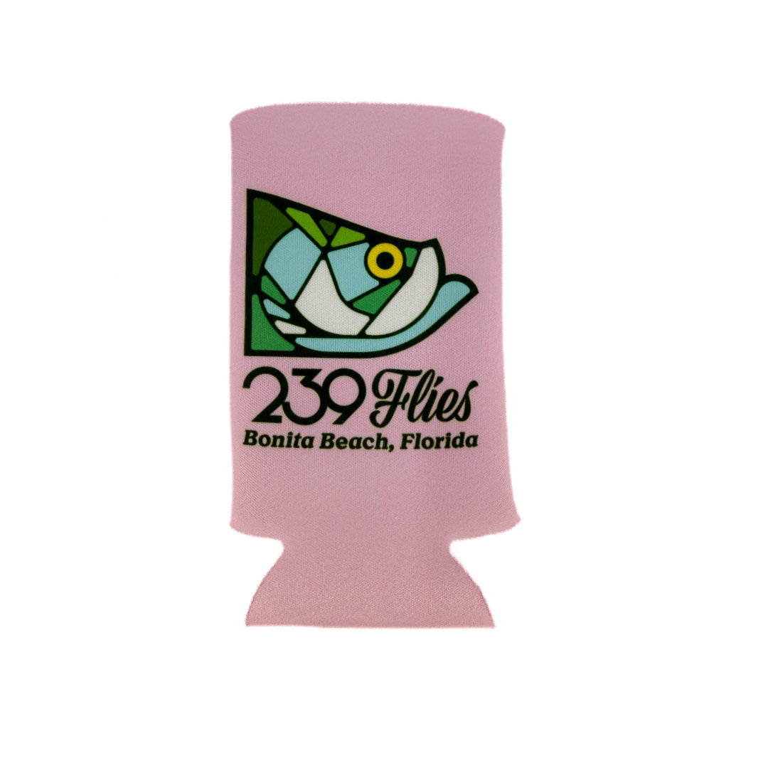 Pink neoprene koozie with geometric fish logo and Bonita Beach text