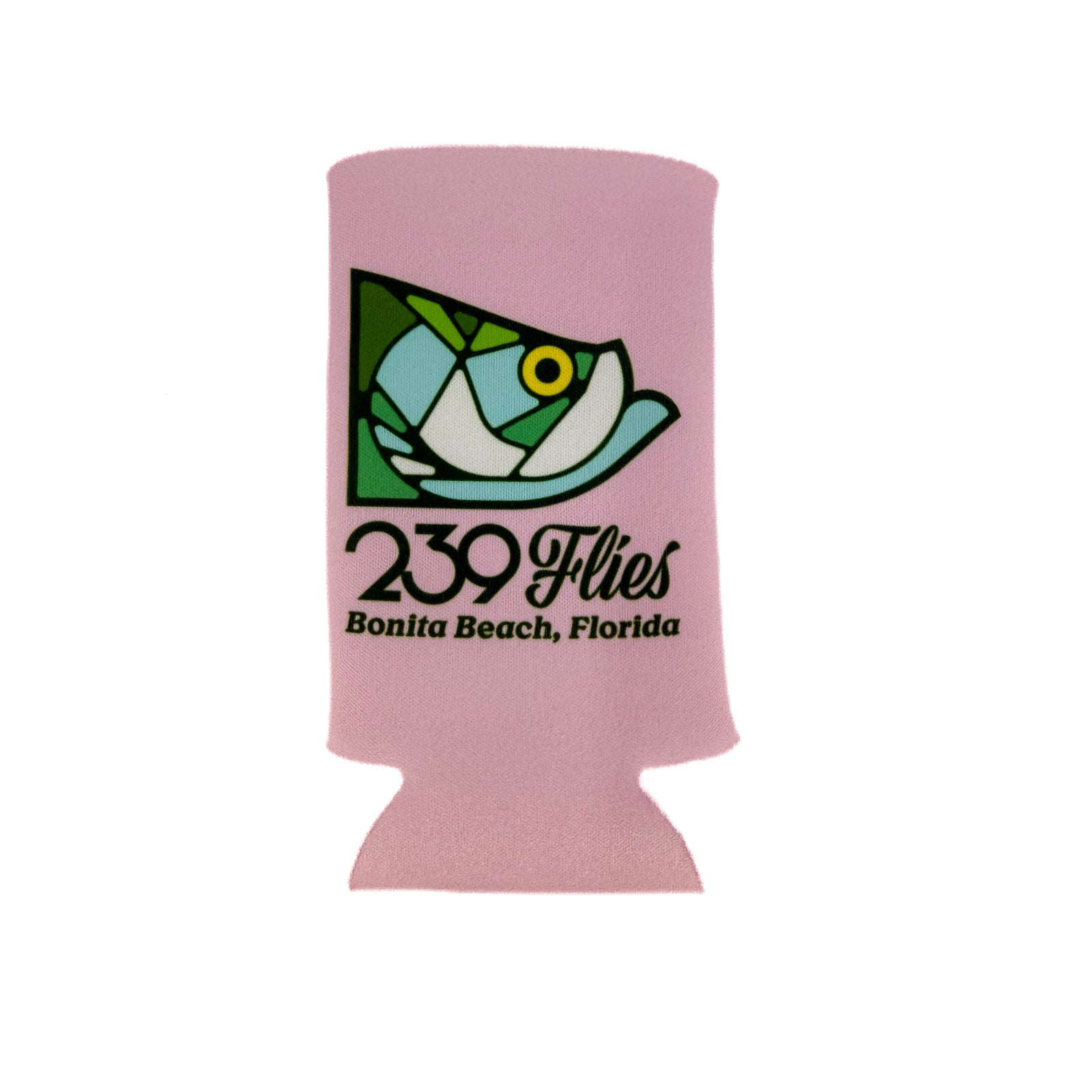 Pink neoprene koozie with geometric fish logo and Bonita Beach text