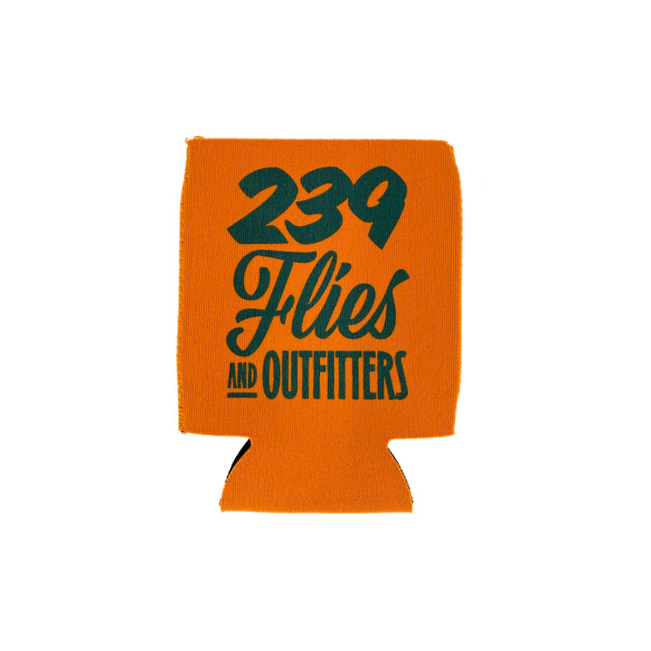 Orange knit texture koozie featuring bold 239 Flies Outfitters branding