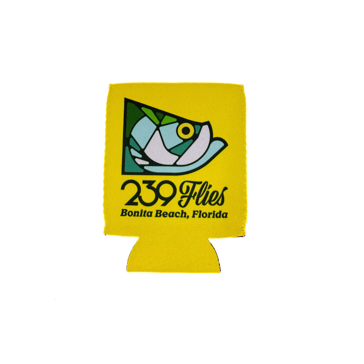 Yellow neoprene beverage insulator with stylized fish head design