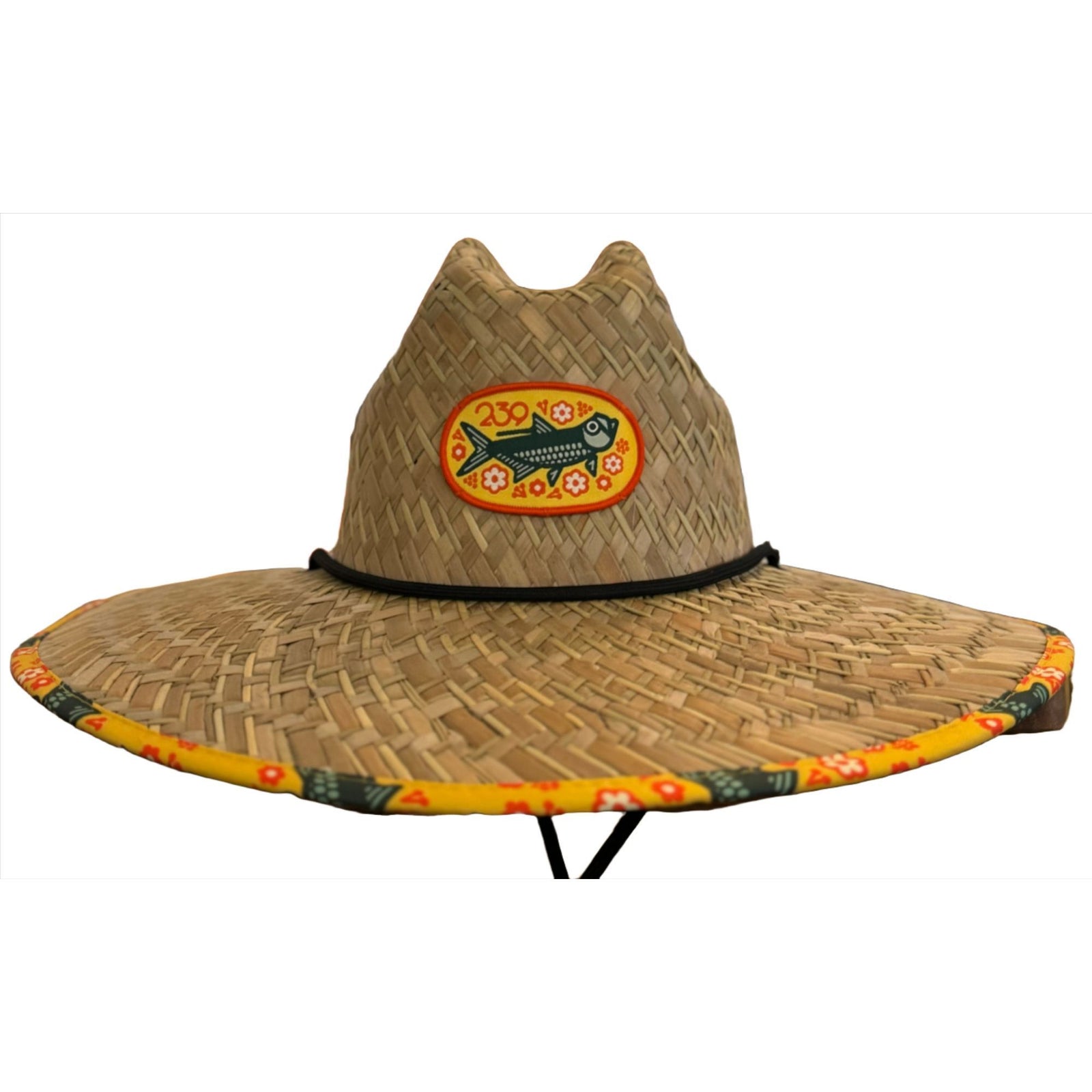 Natural straw hat with tarpon fish patch and floral brim band