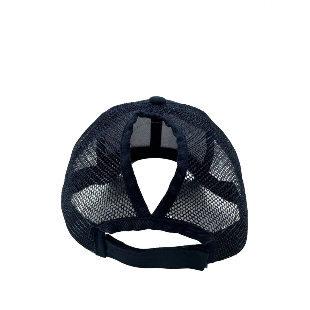 Back view of navy trucker hat showing mesh back, adjustable strap, and ponytail opening