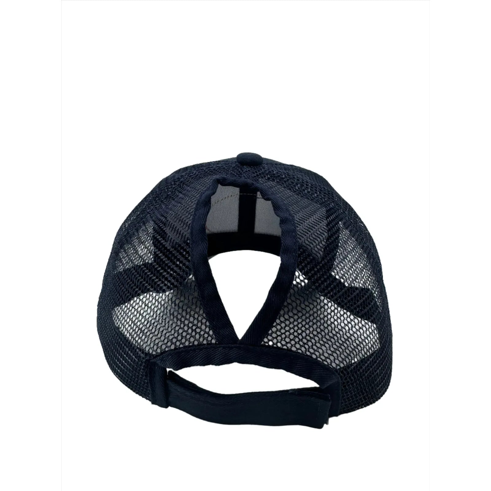 Back view of navy trucker hat showing mesh back, adjustable strap, and ponytail opening