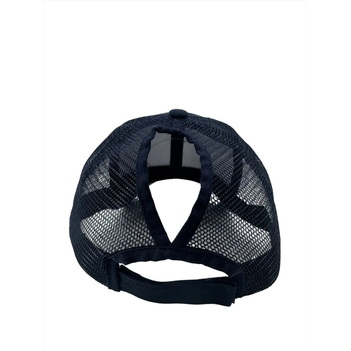 Back view of navy trucker hat showing mesh back, adjustable strap, and ponytail opening