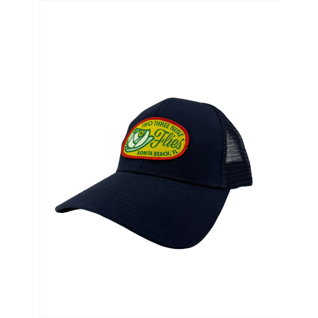 Navy blue ladies trucker hat with stained glass fish embroidery and ponytail hole