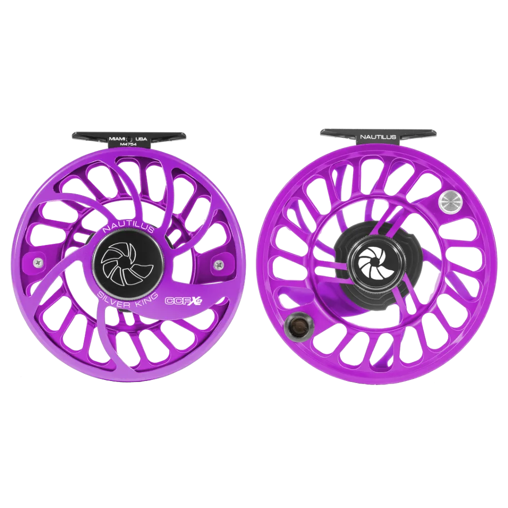 Purple Haze Nautilus CCF X2 fly reel with left-hand retrieve and Mamba USA knob