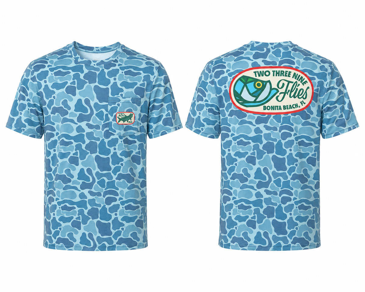 Blue camo UPF 40 t-shirt with fish graphic patch and back logo
