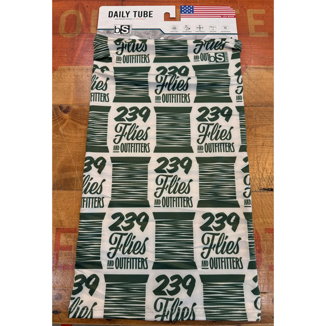 Daily Tube sun gaiter showing USA made hang tag and UPF icons