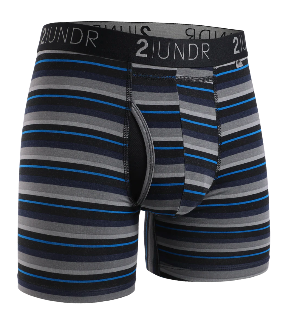Men's 2UNDR Swing Shift boxer briefs in blue stripe with Joey Pouch and modal fabric