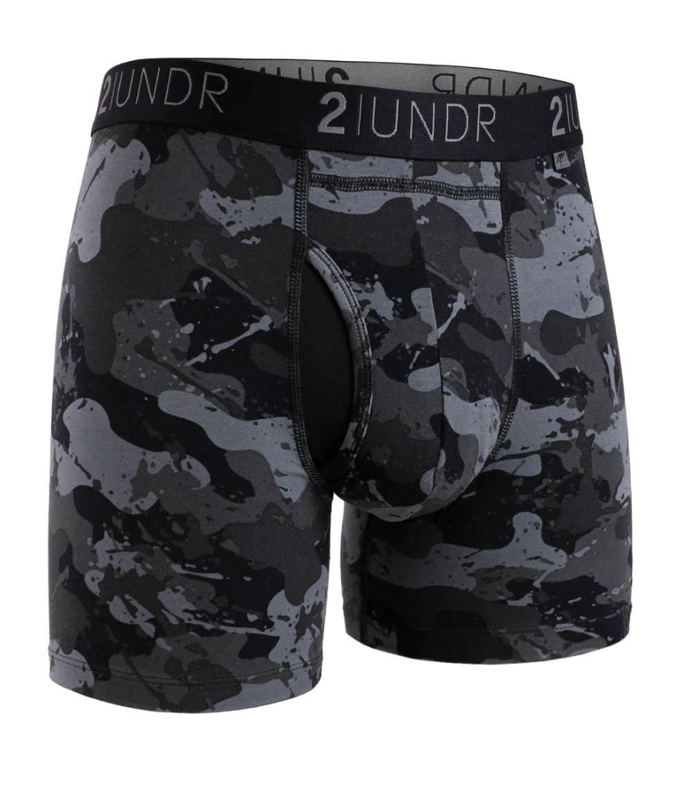 Blackout camo boxer briefs with Joey Pouch and roll-resistant waistband