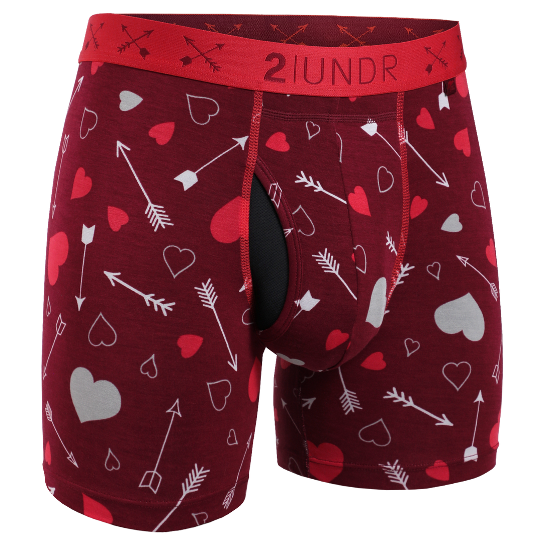 2UNDR Swing Shift Boxer Brief in burgundy heart print with Joey Pouch and modal fabric