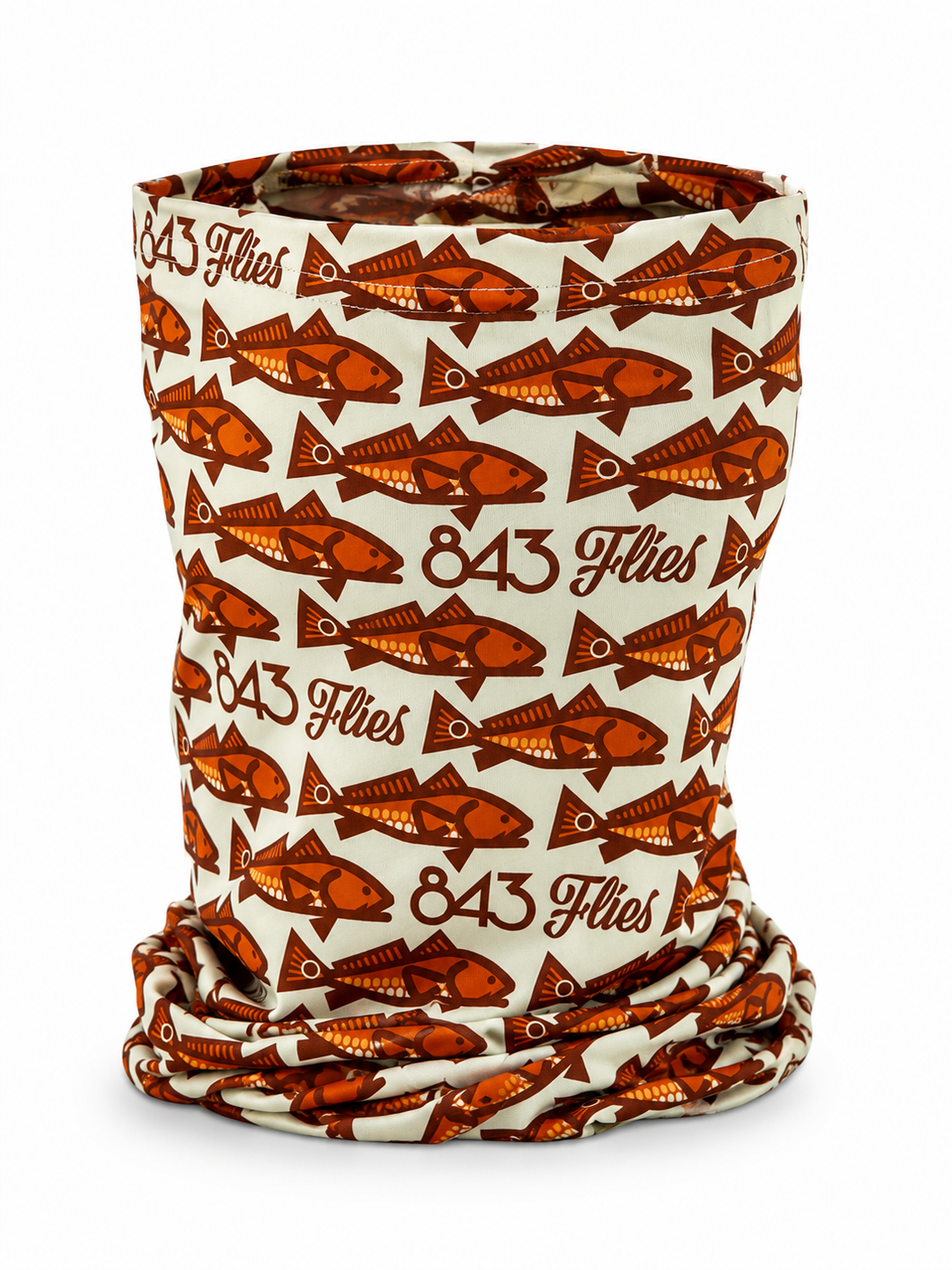 Tubular UPF 40 neck gaiter with redfish print, standing upright