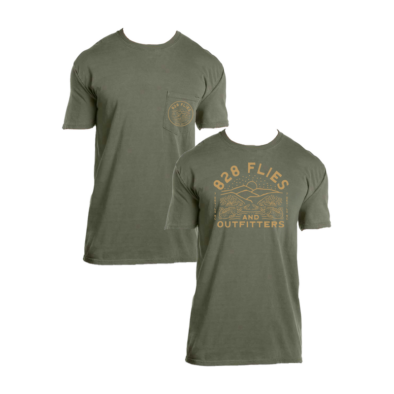Olive green 828 Brown Riser Pocket Tee with tan logo on chest pocket and back graphic