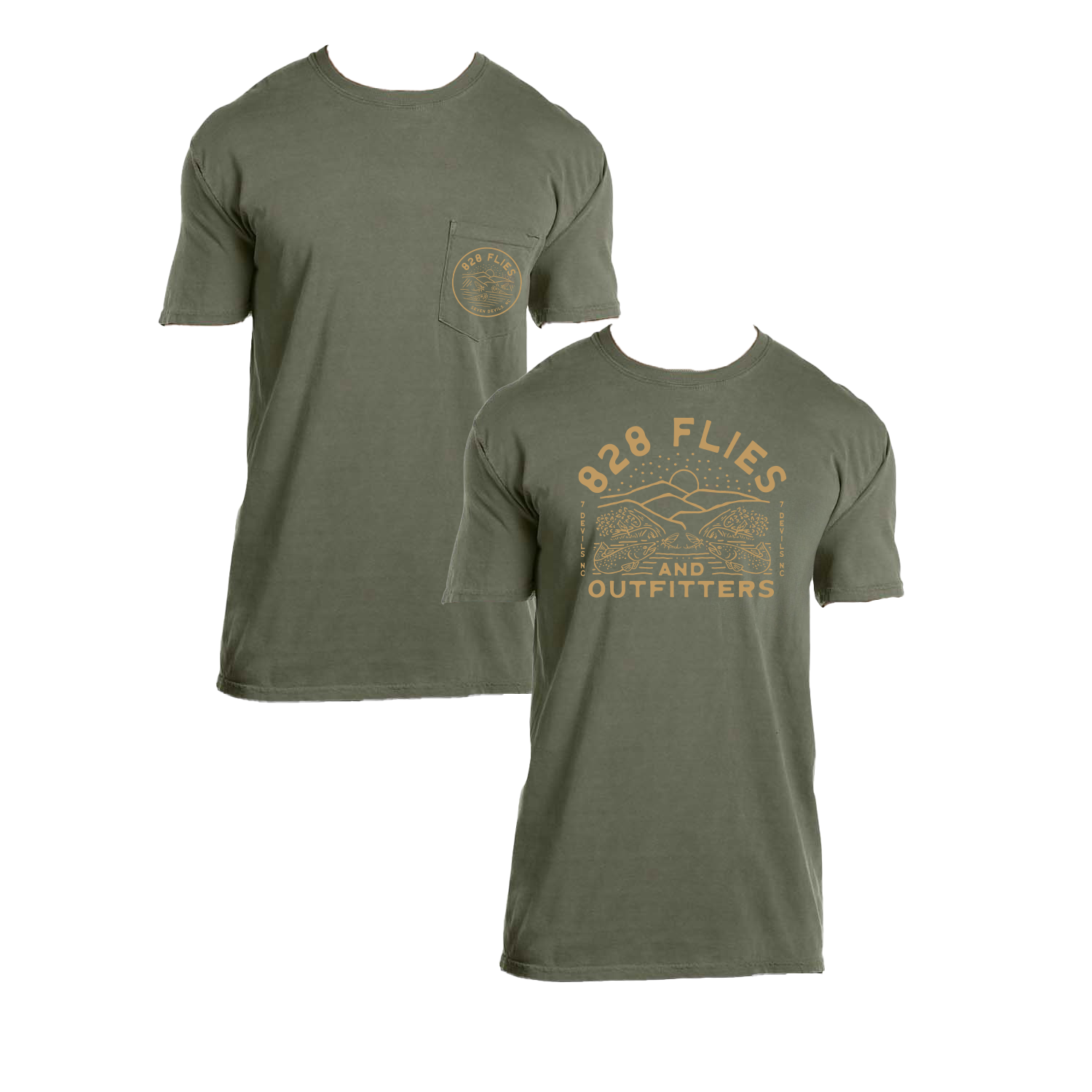 Brown Riser Pocket Tee with 828 Flies logo and back fly fishing graphic