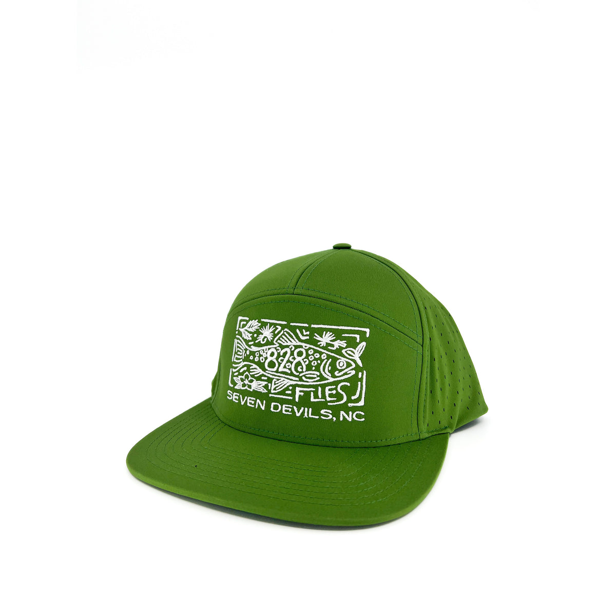 Basil green 828 Cannon hat with embroidered fish logo and breathable perforated panels