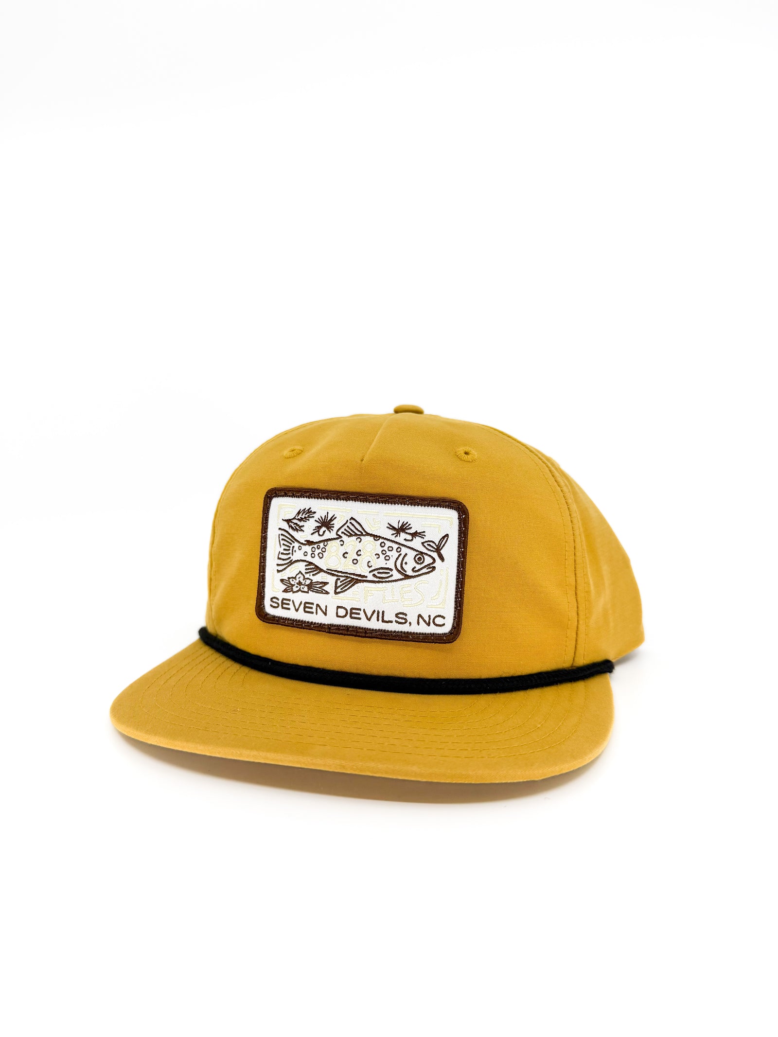 Biscuit yellow 828 trucker hat with black rope trim and Seven Devils NC fish embroidery