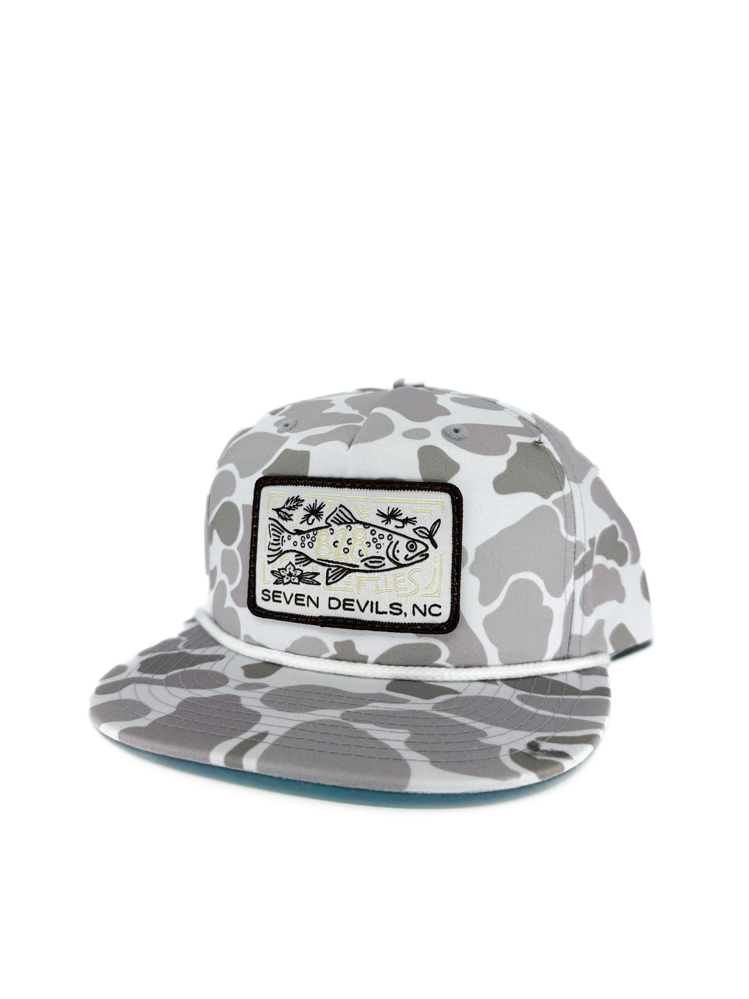828 Blizzard Duck Camo trucker hat with white rope trim and Seven Devils NC embroidered patch