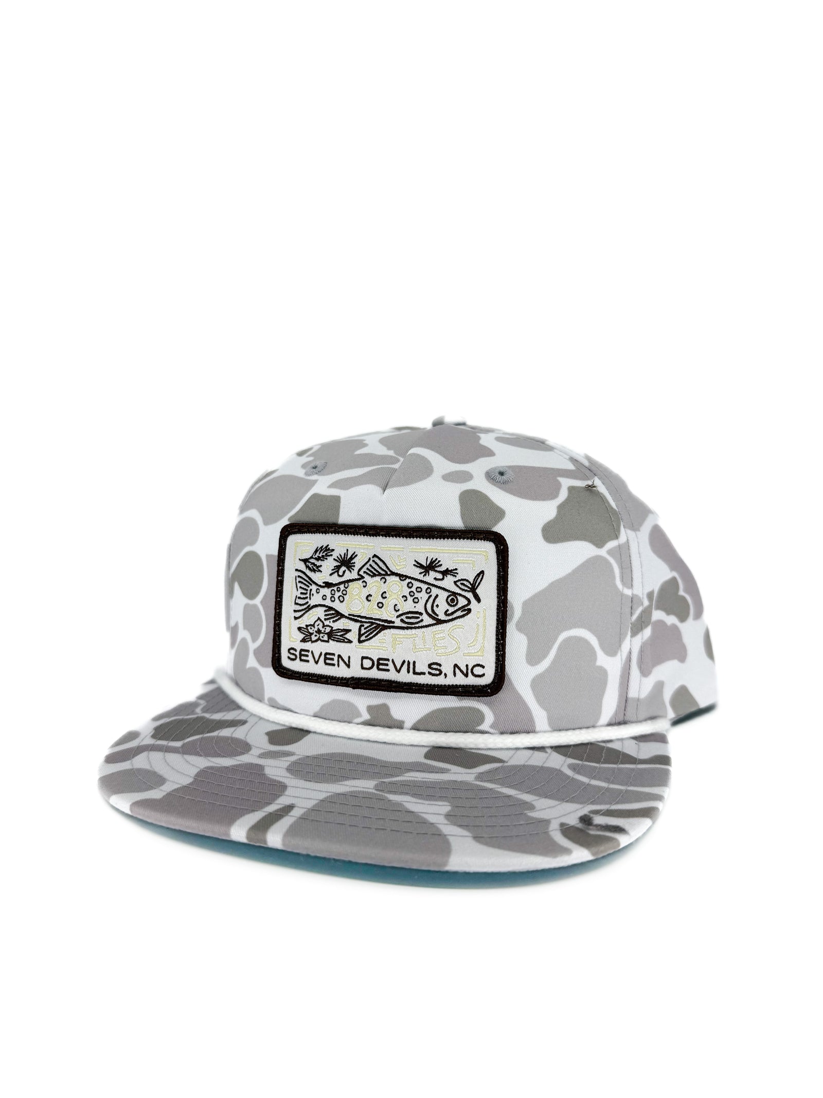 828 Blizzard Duck Camo trucker hat with white rope trim and Seven Devils NC embroidered patch