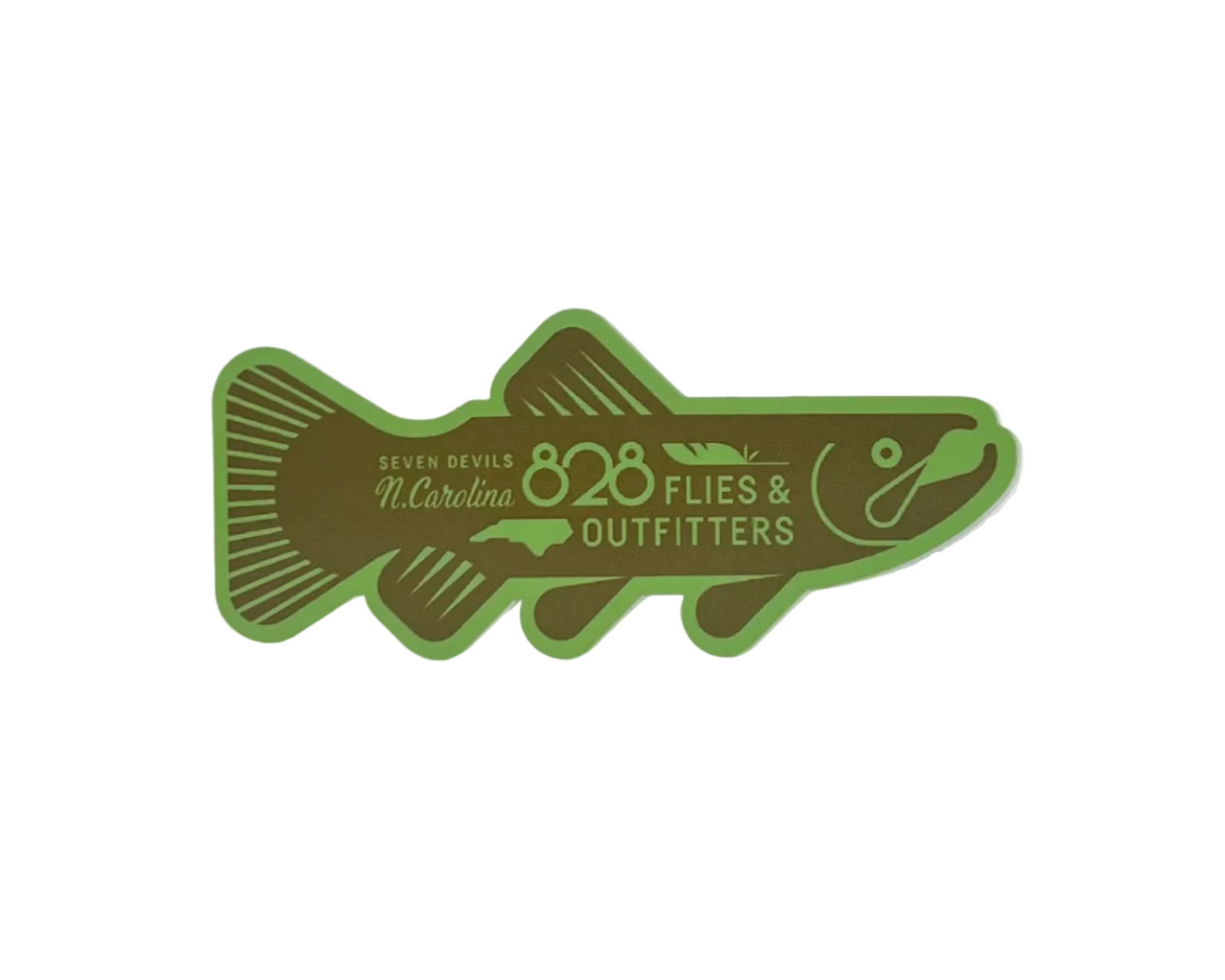 Olive brown die-cut fish sticker with light green border, '828 Ole' Leroy' text, and NC outline design