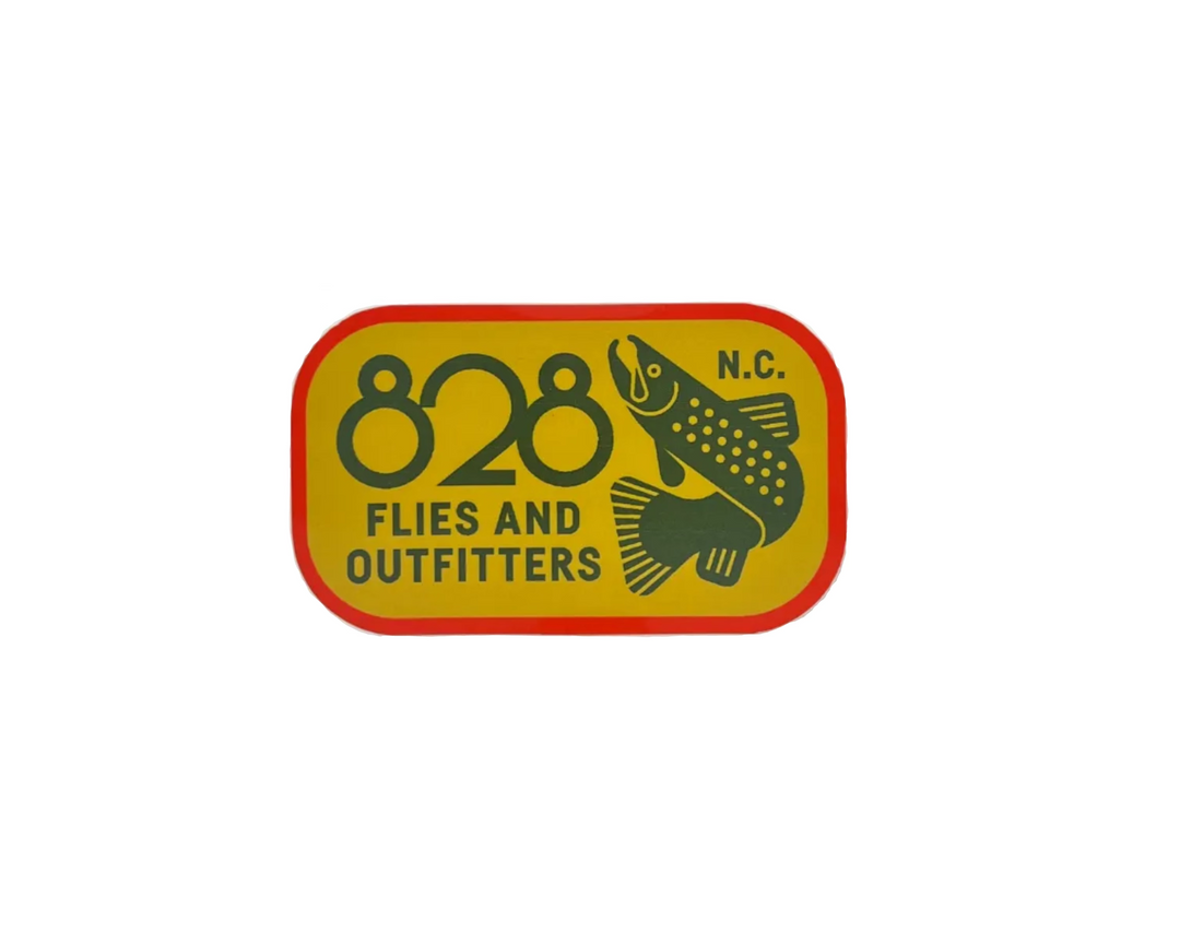 828 Outfitter mustard yellow sticker with trout graphic and N.C. text