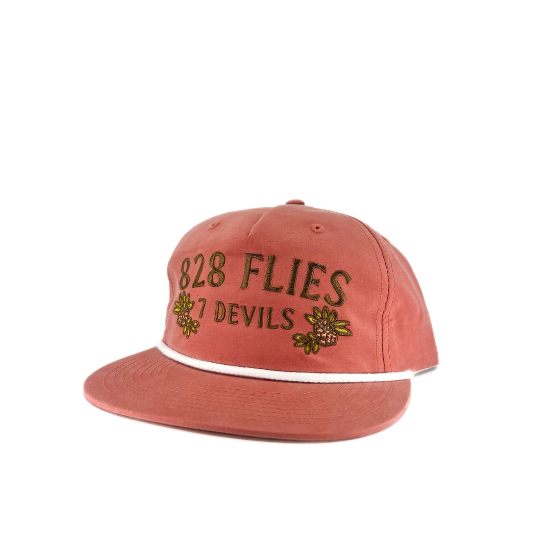 Dusty red five-panel hat with white rope trim and embroidered 828 Flies 7 Devils logo