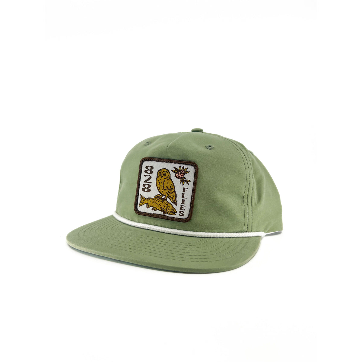 Sage green Richardson flat-brim hat with white rope trim and embroidered owl fish patch