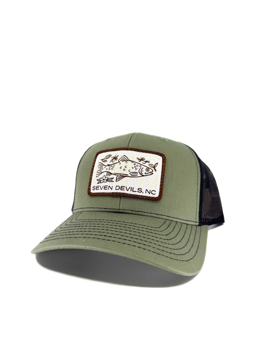 828 Trucker Hat Loden/Black with Seven Devils NC trout patch