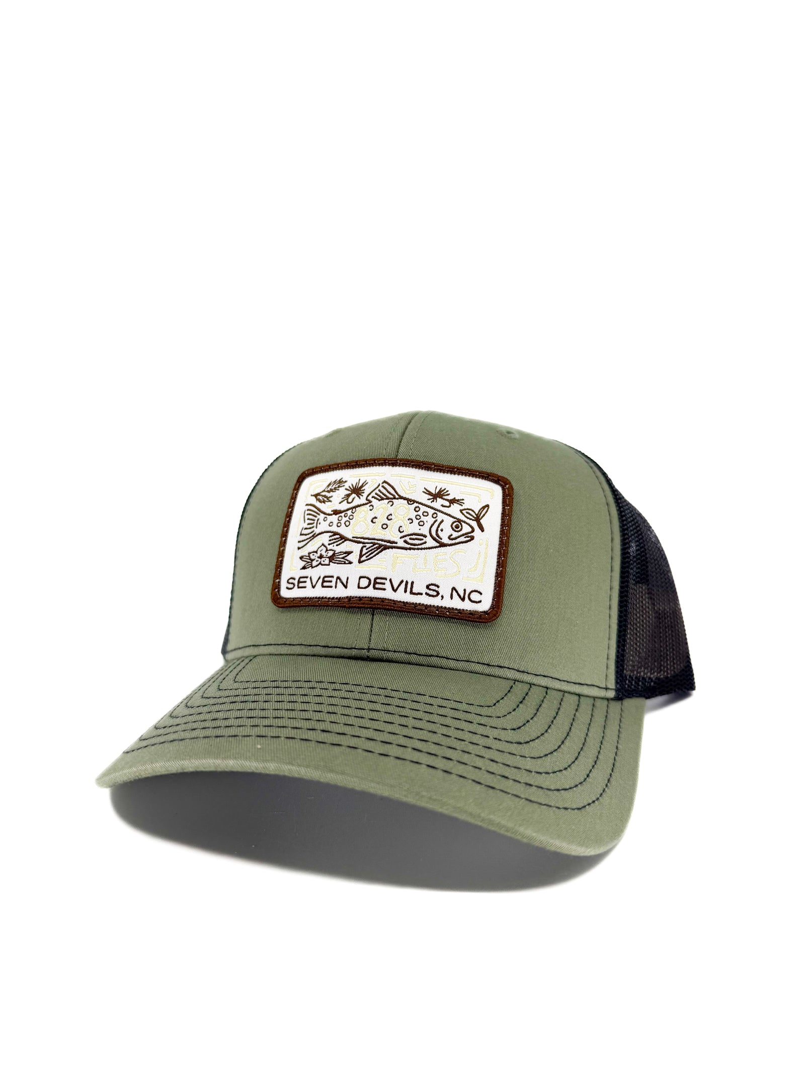 828 Trucker Hat Loden/Black with Seven Devils NC trout patch