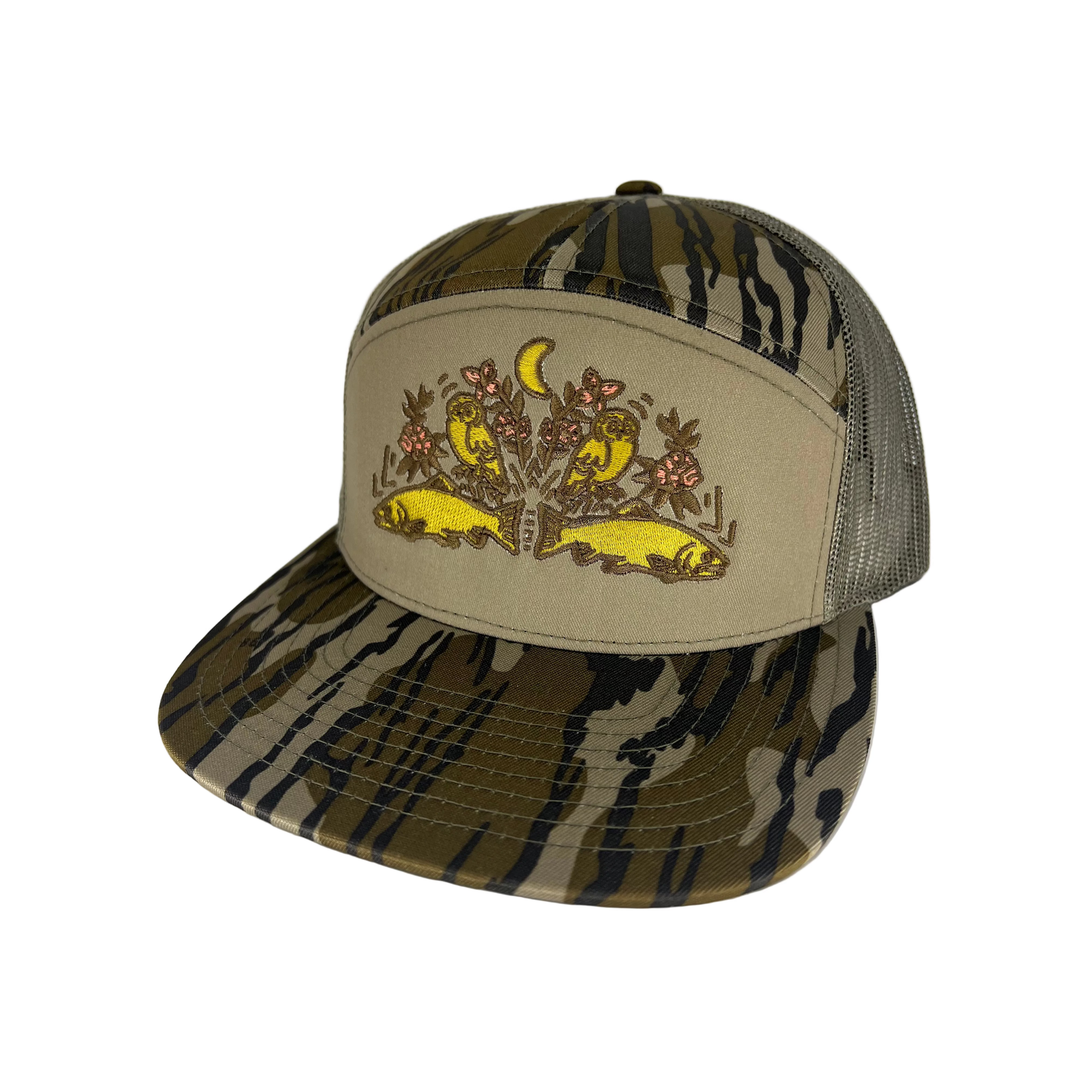 Mossy Oak Bottomland trucker hat with embroidered yellow birds, fish, and moon on tan front panel