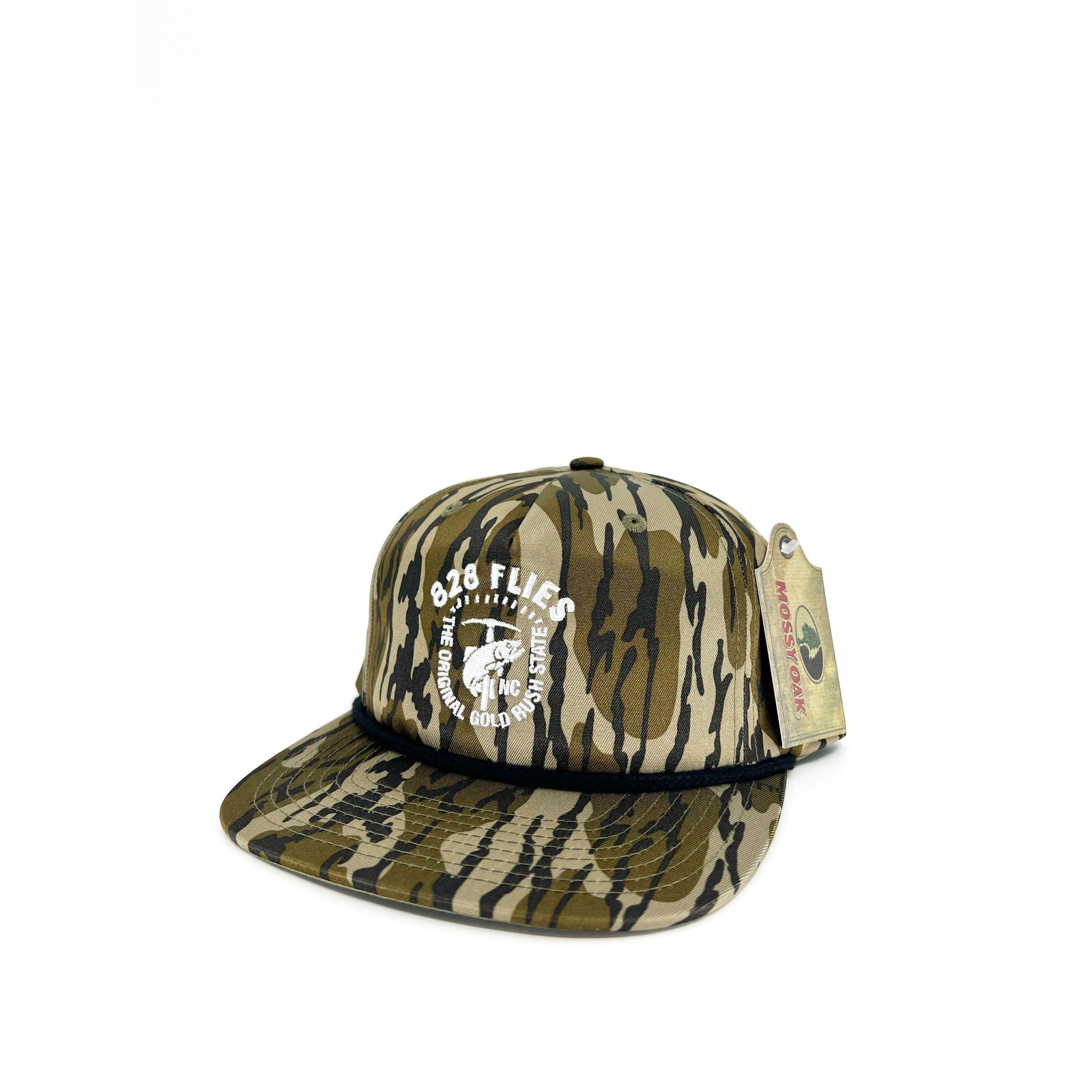 Mossy Oak Bottomland camouflage trucker hat with black rope trim and embroidered '828 Flies' logo