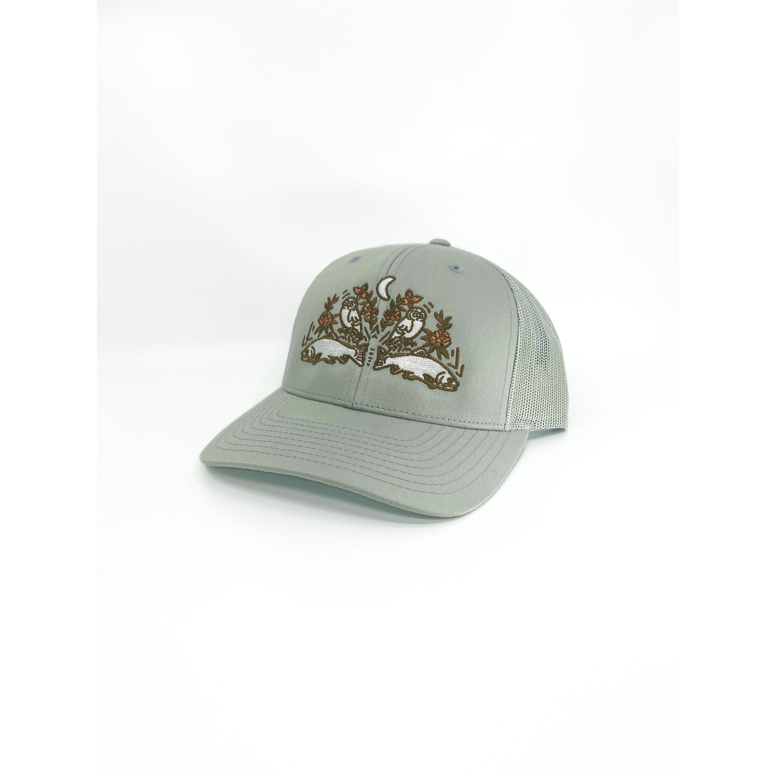 Midnight hour solid quarry trucker hat with embroidered fish and moon design