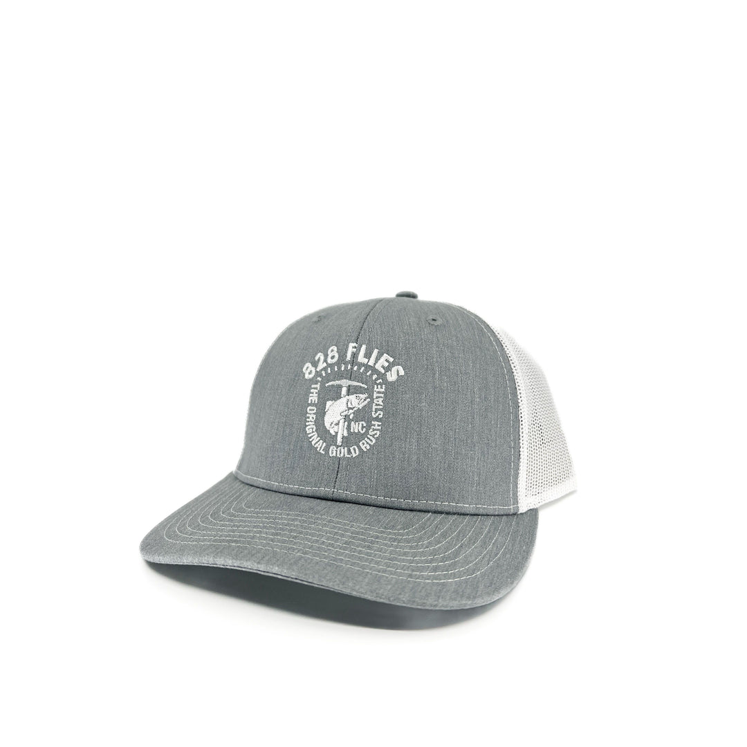 Grey and white Richardson 828 trucker hat with Gold Rush embroidered logo