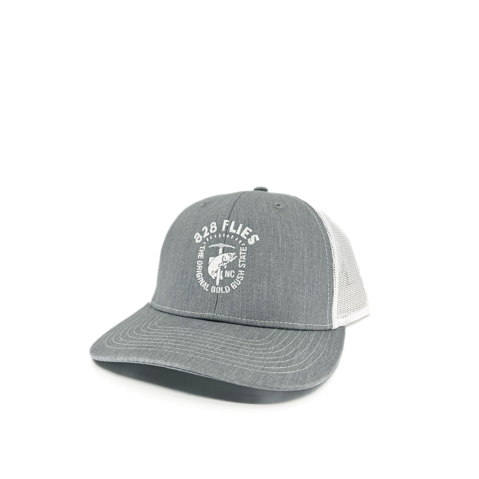 Grey and white Richardson 828 trucker hat with Gold Rush embroidered logo