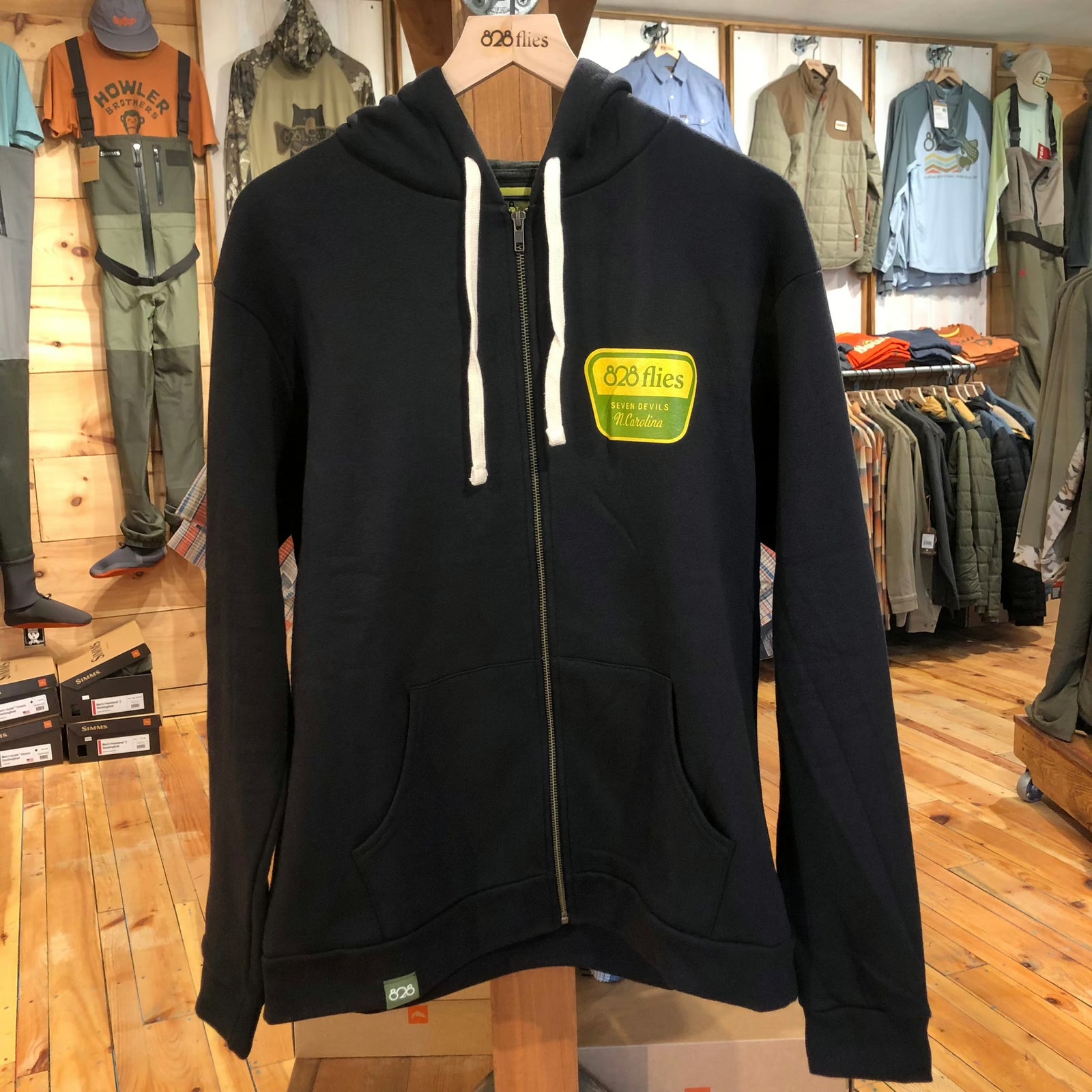 Black 828 Zip Hoody with front '828 flies' patch and silver zipper