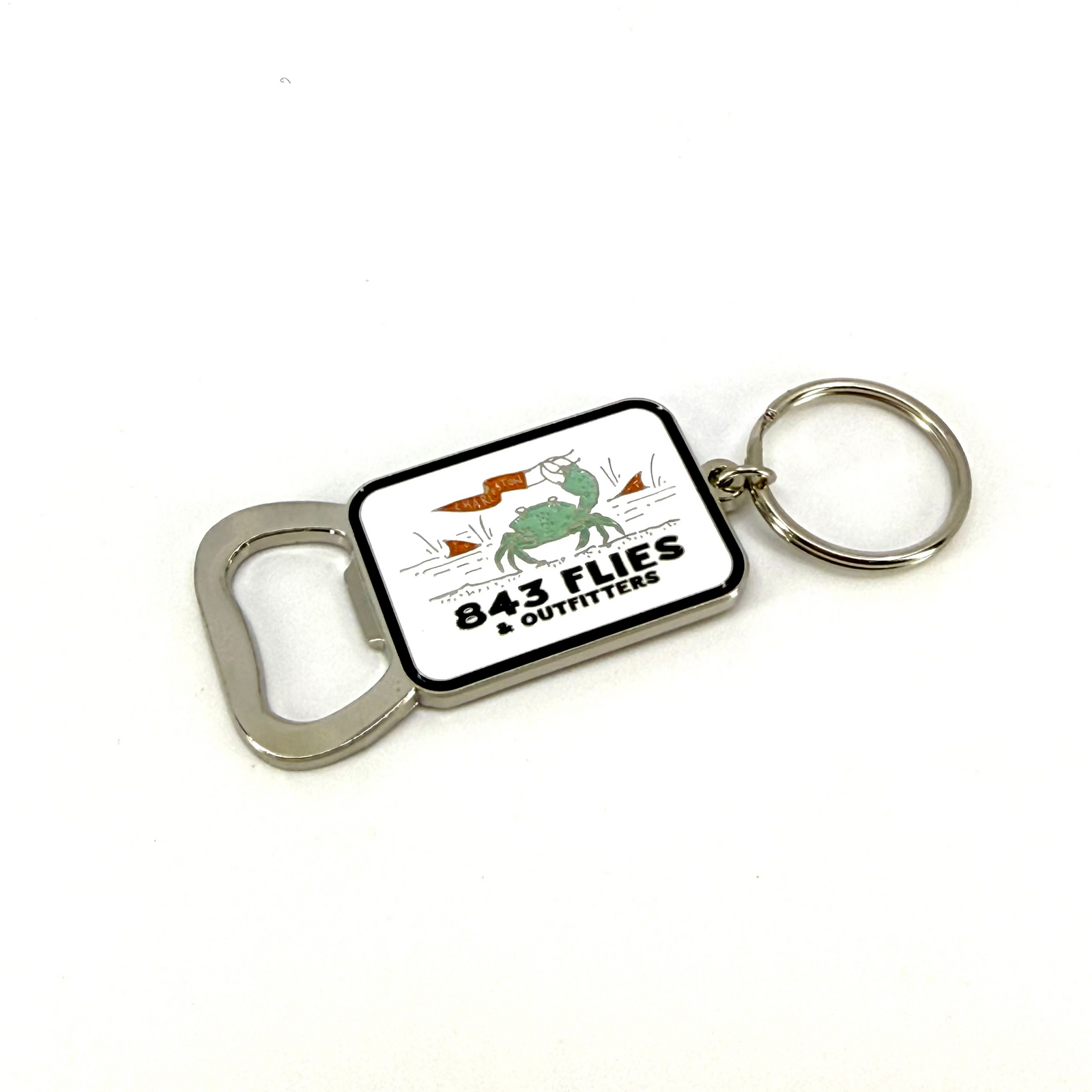 843 Bottle Opener keychain with green crab graphic and white enamel face