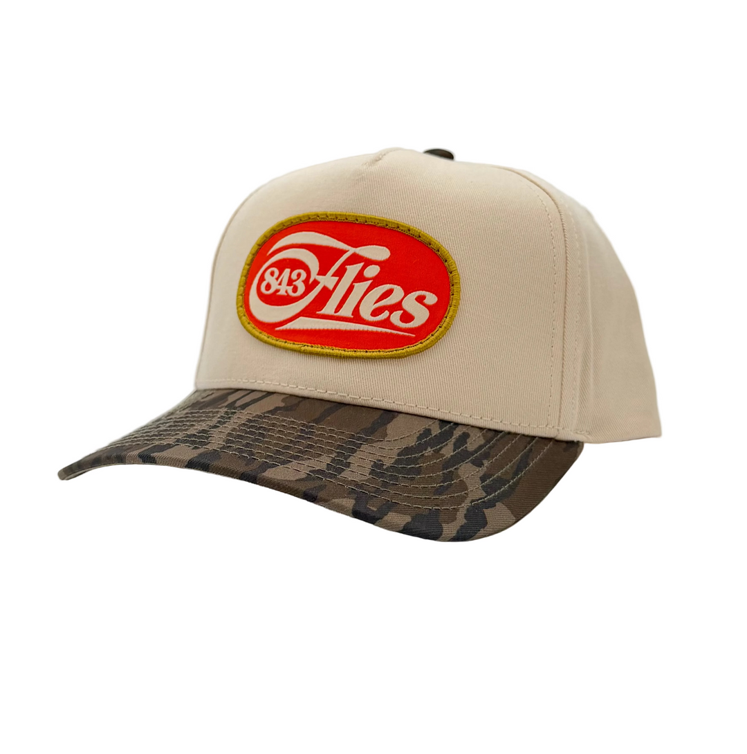 Cream and Mossy Oak Bottom Land camouflage baseball cap with red &
