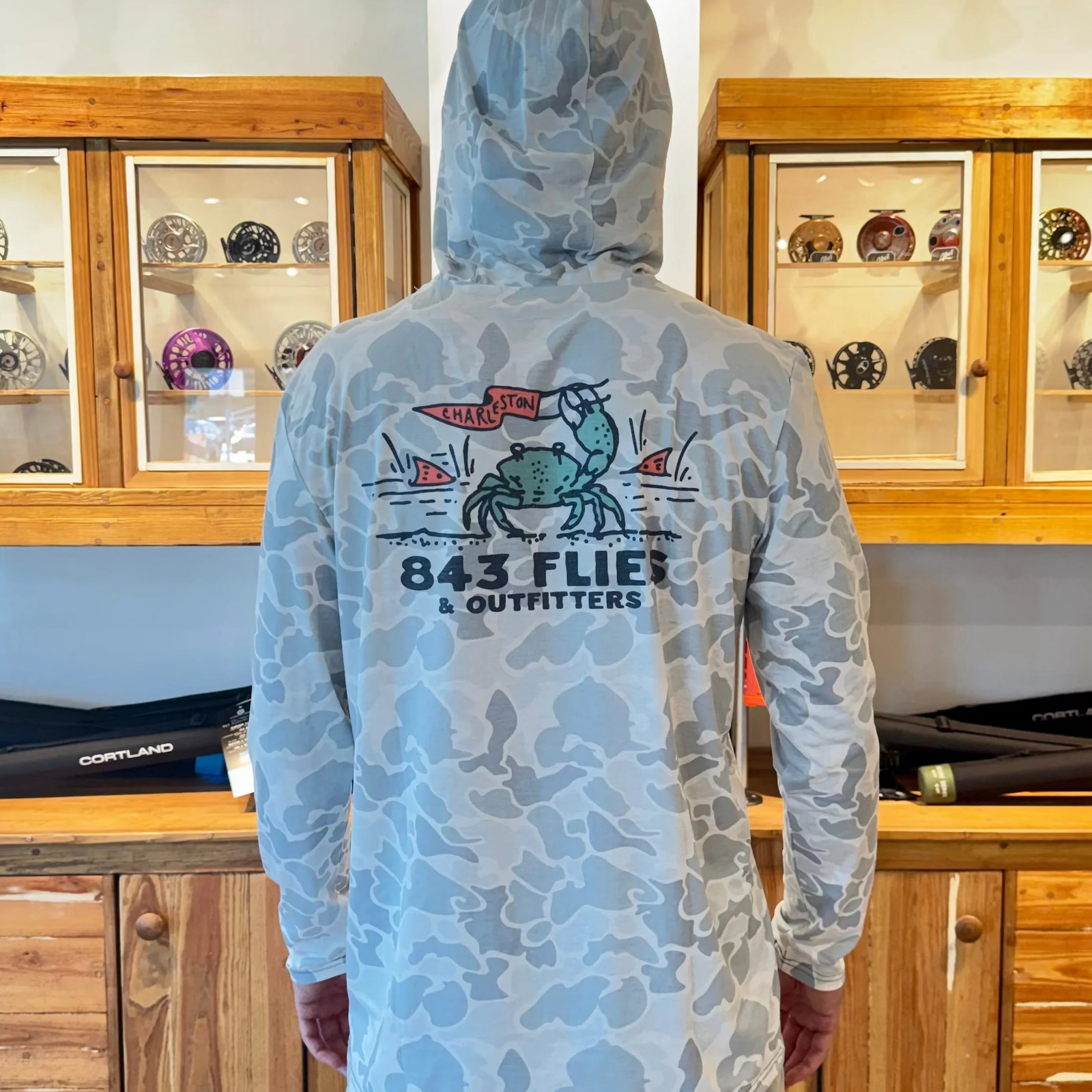Back view of King Fiddler hoodie featuring Charleston crab graphic and scuba hood