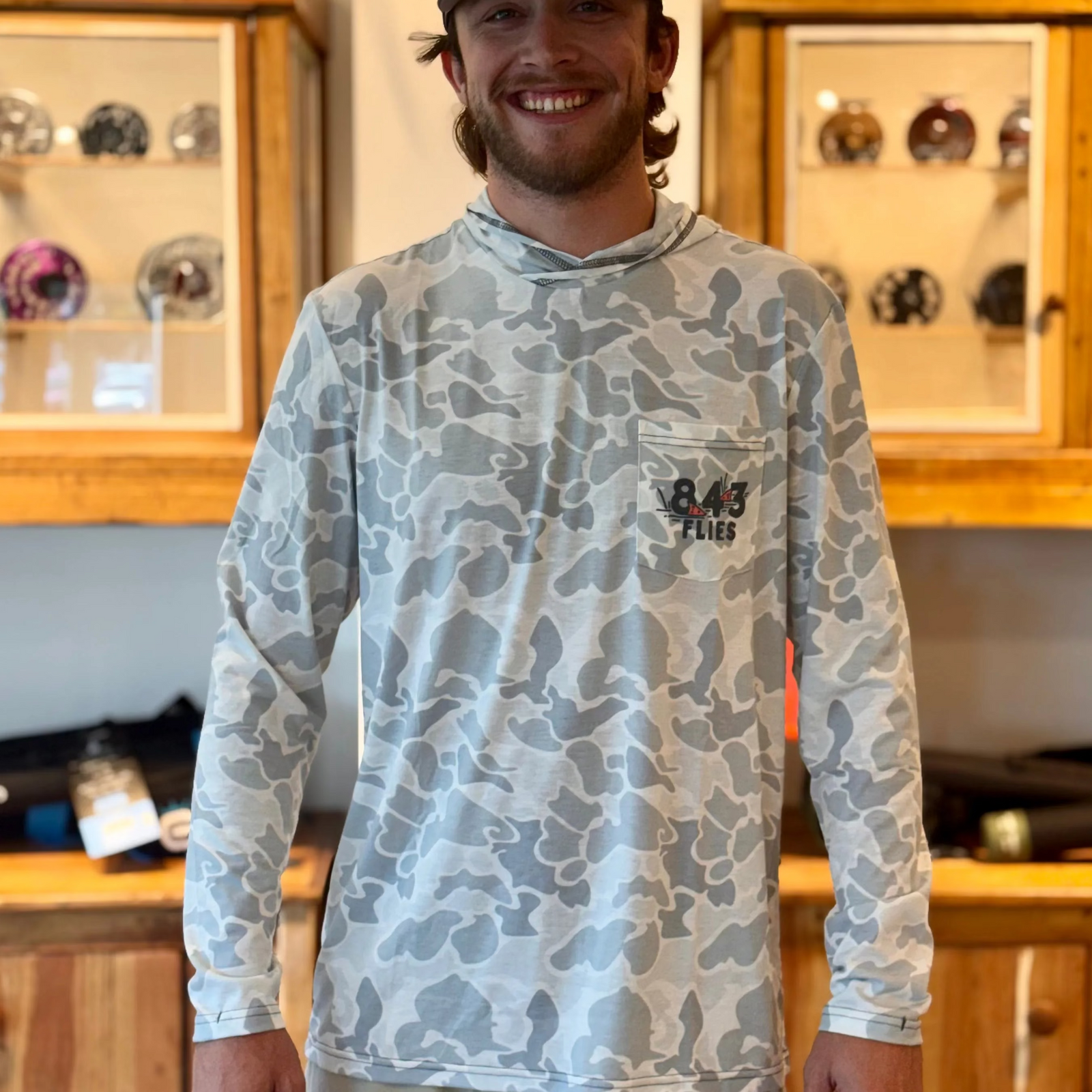 Men's light grey camouflage UPF 50+ hooded fishing shirt with chest pocket