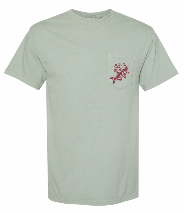 Bay blue pocket tee with small maroon fish logo on chest
