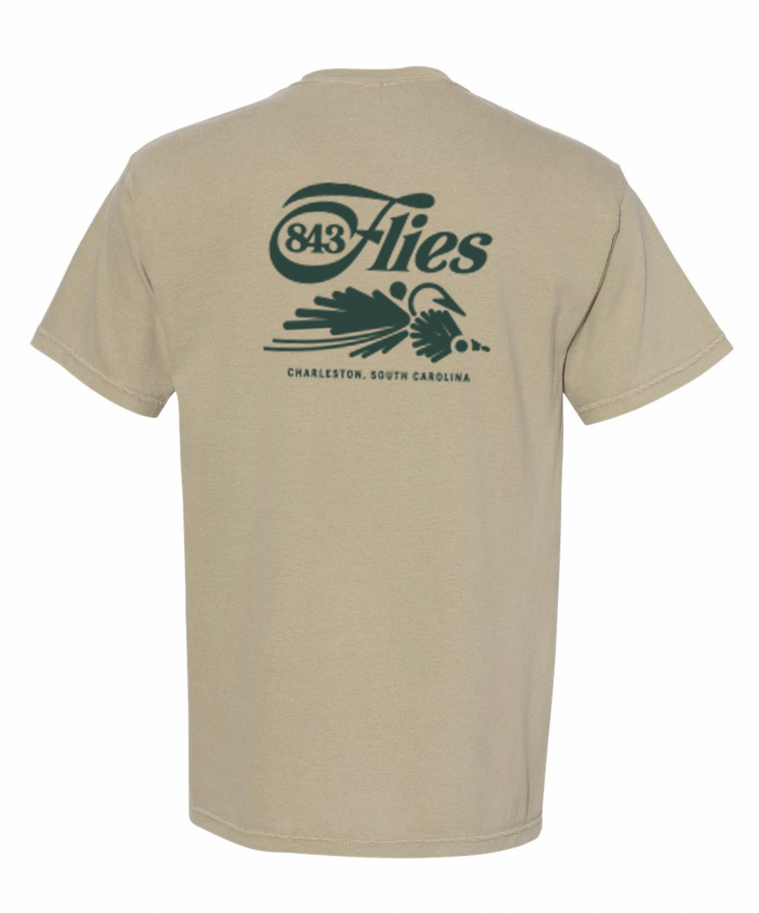 Back view of khaki olive 843 Flies pocket tee with fly fishing graphic and Charleston text