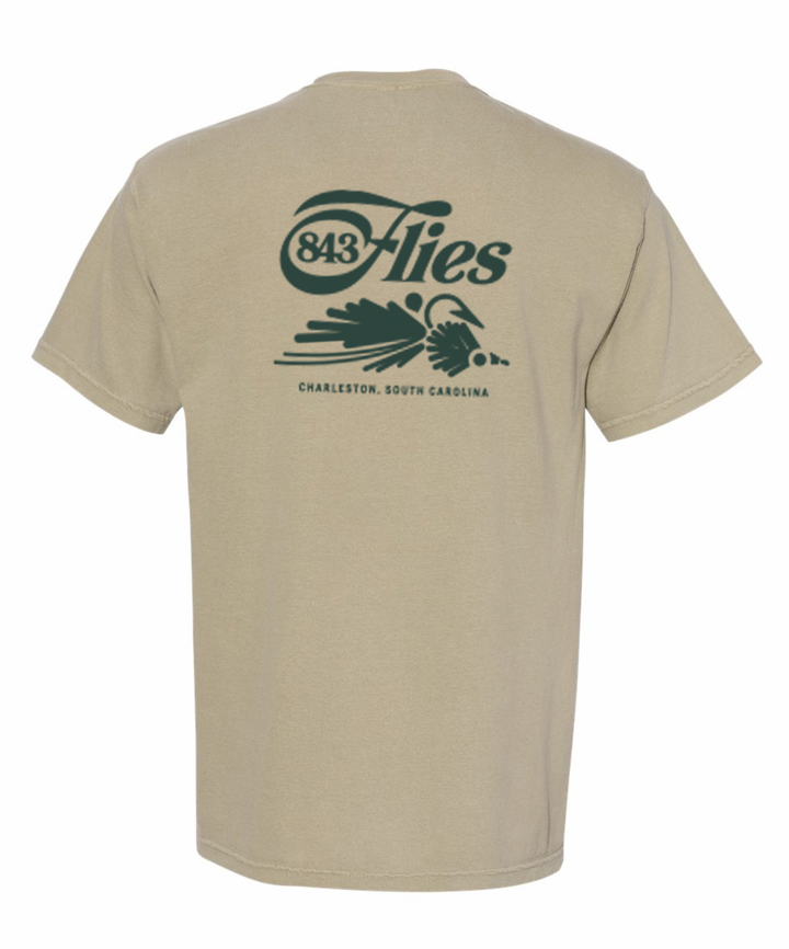 Back view of khaki olive 843 Flies pocket tee with fly fishing graphic and Charleston text