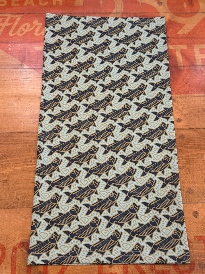 Light blue sun mask with navy fish and gold diamond pattern