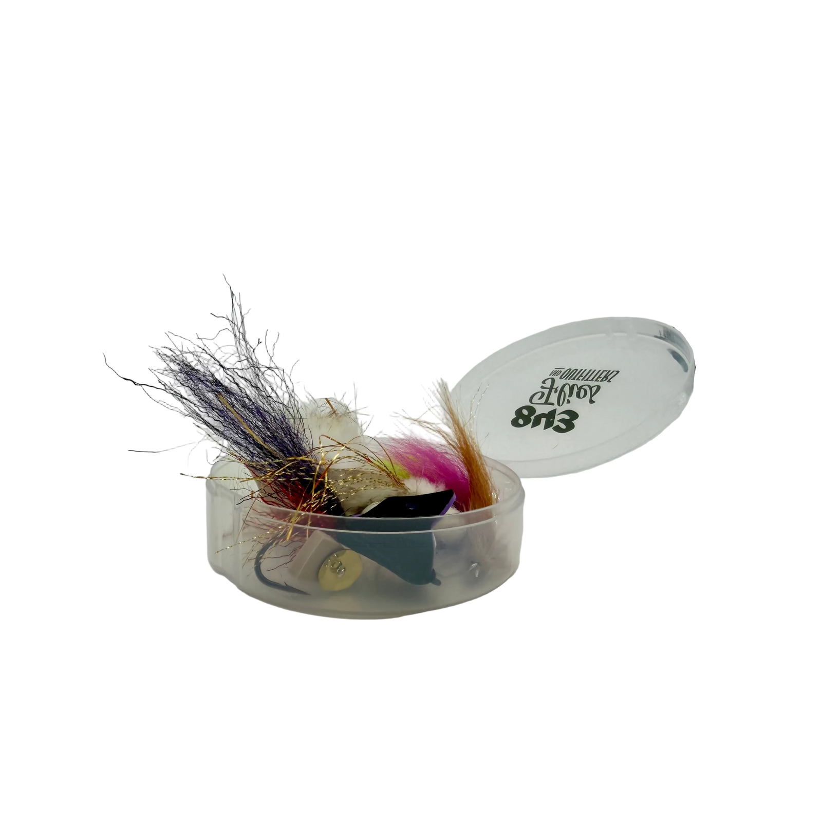Open 843 Fly Puck showing variety of tied fishing flies inside