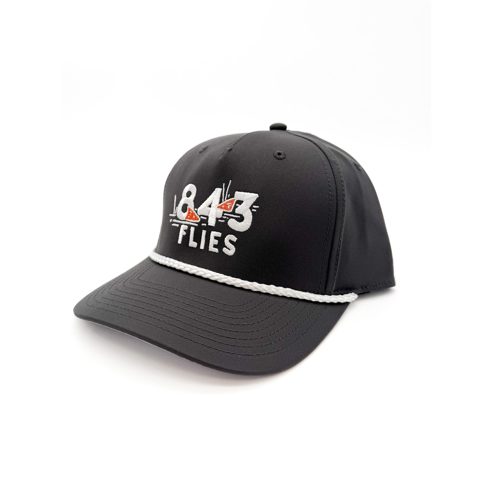 Charcoal 843 Spottail trucker hat with white braided rope brim trim and embroidered fly lure logo